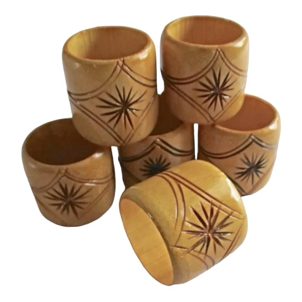 Vintage Hand Carved Bamboo Wood Napkin Rings Set of 6 Boho Tropical Decor
